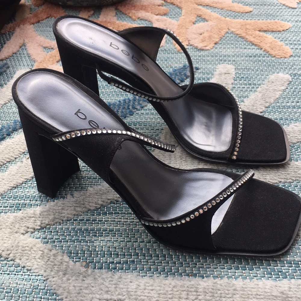 Bebe Evening Heels Jeanette Estella Black Clear Rhinestone size 6 Y2K Square Toe